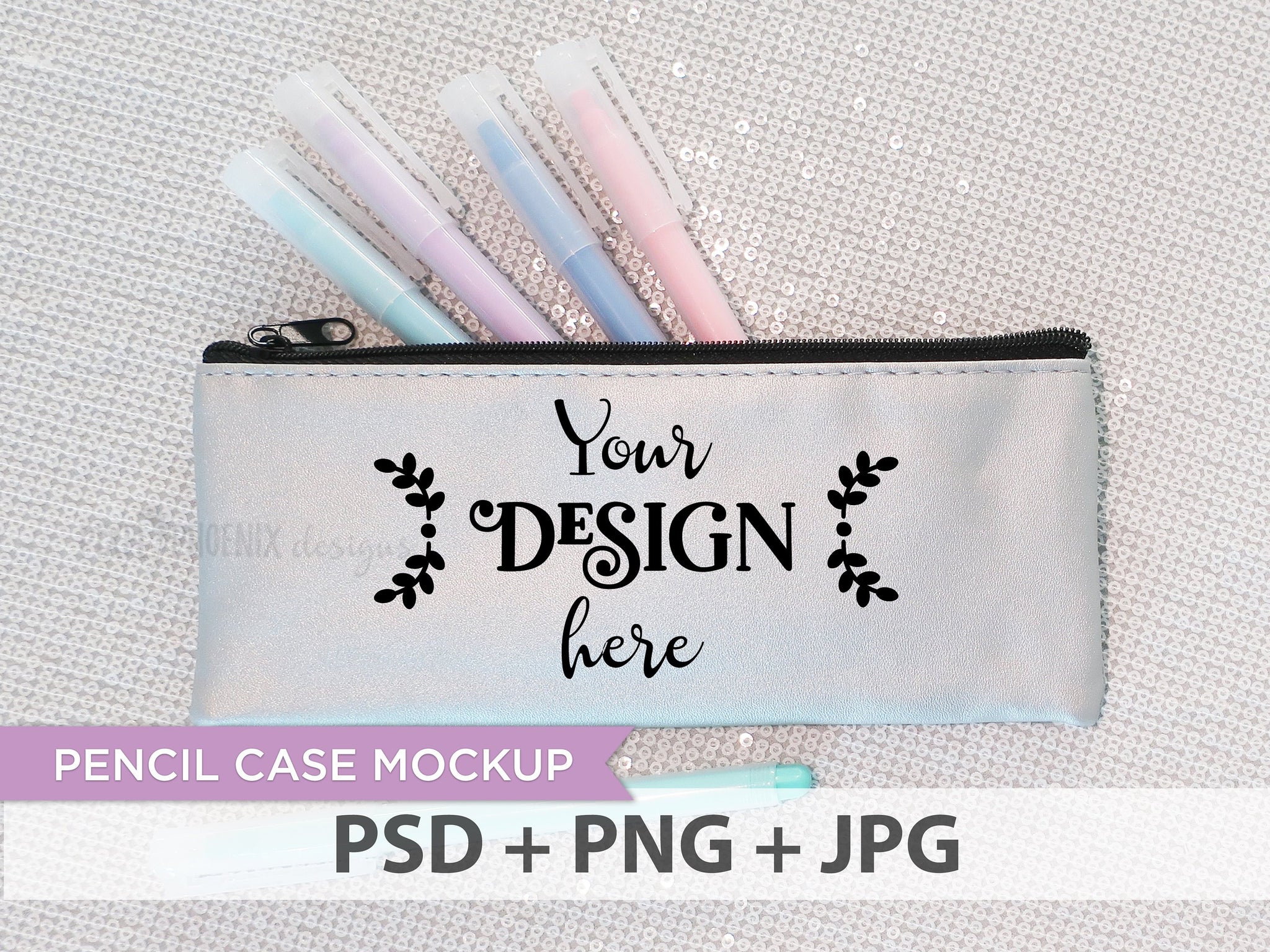 Download Pencil Case Mockup Pastels, zipper bag mock-up, silver ...