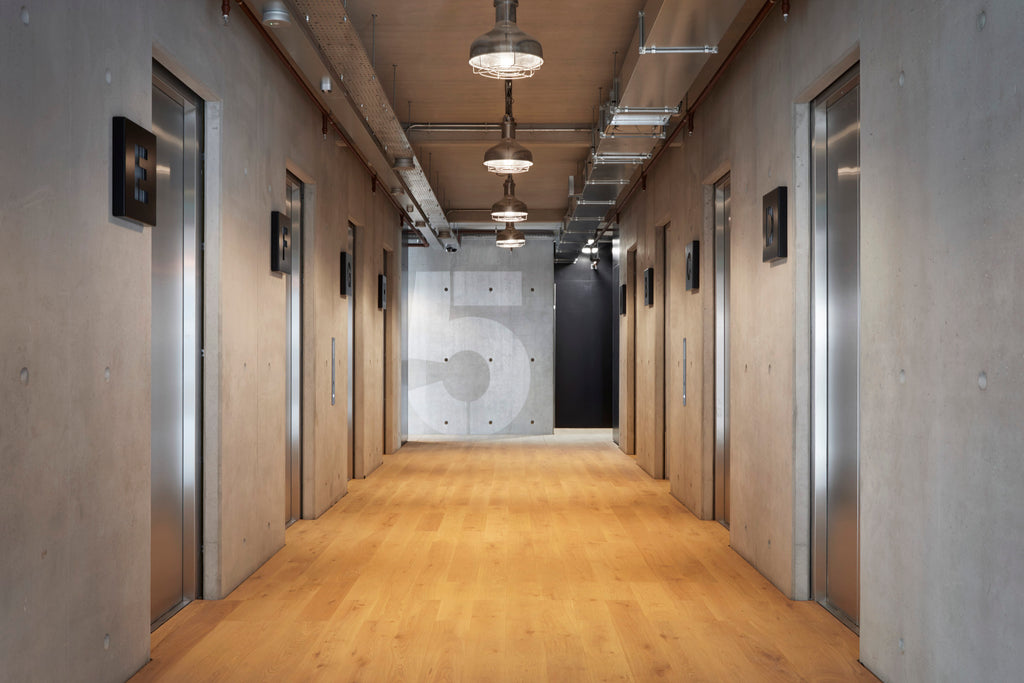 Aluminium Industrial ceiling lights by Loomlight in the Brunel Building