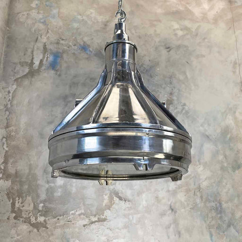 large vintage aluminium light as industrial farmhouse bedroom idea