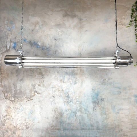 Vintage industrial strip light for tall or vaulted ceiling