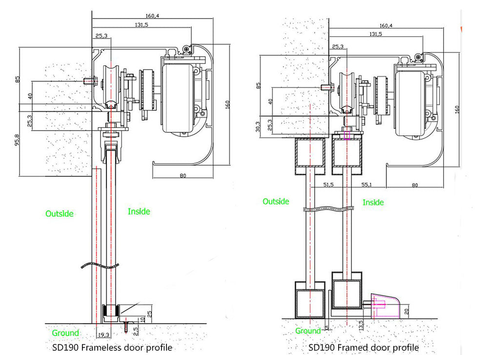 SD190 automatic framed sliding door opener drawing