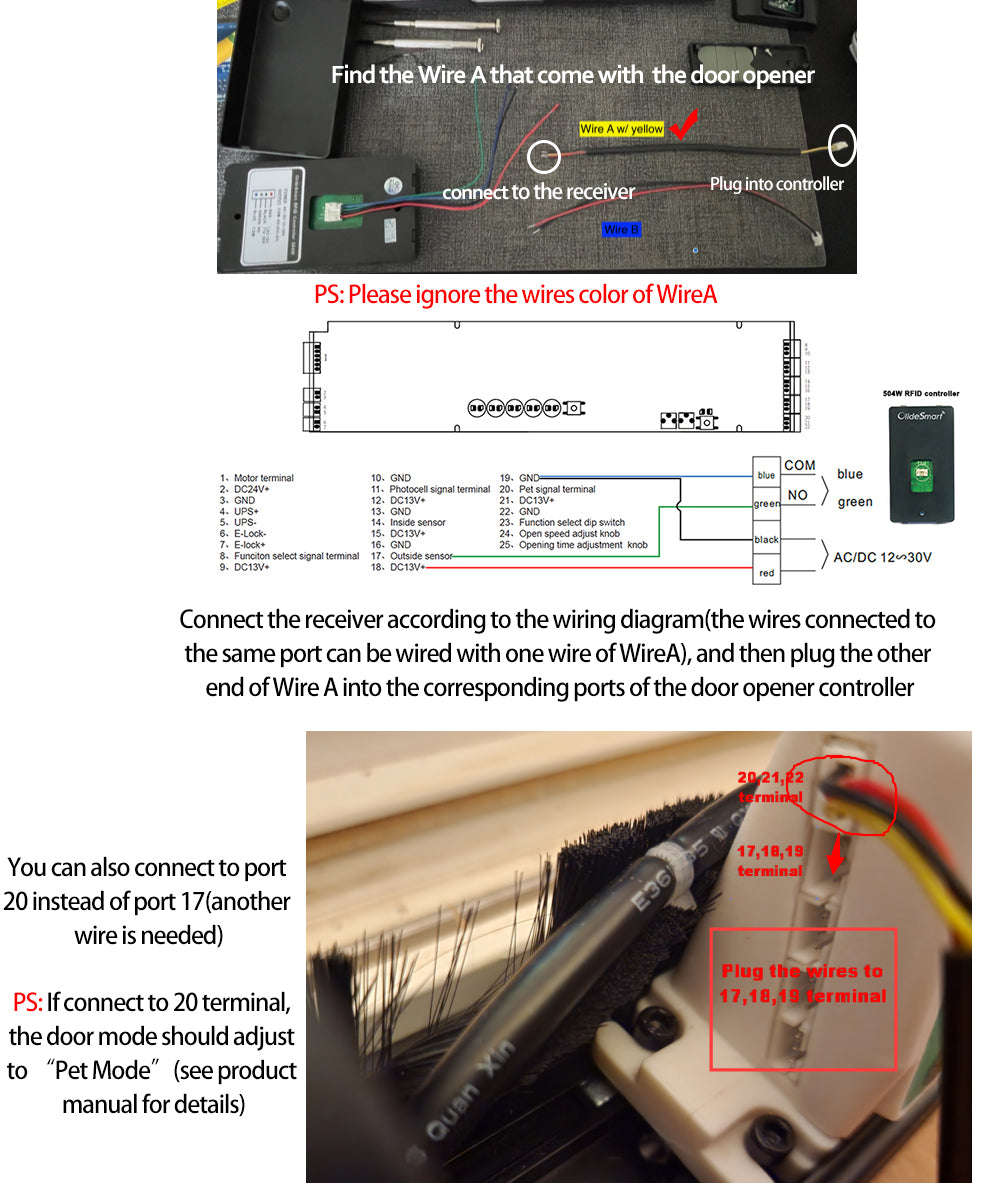 how to connect 504W receiver to the CASA1 residential sliding door opener