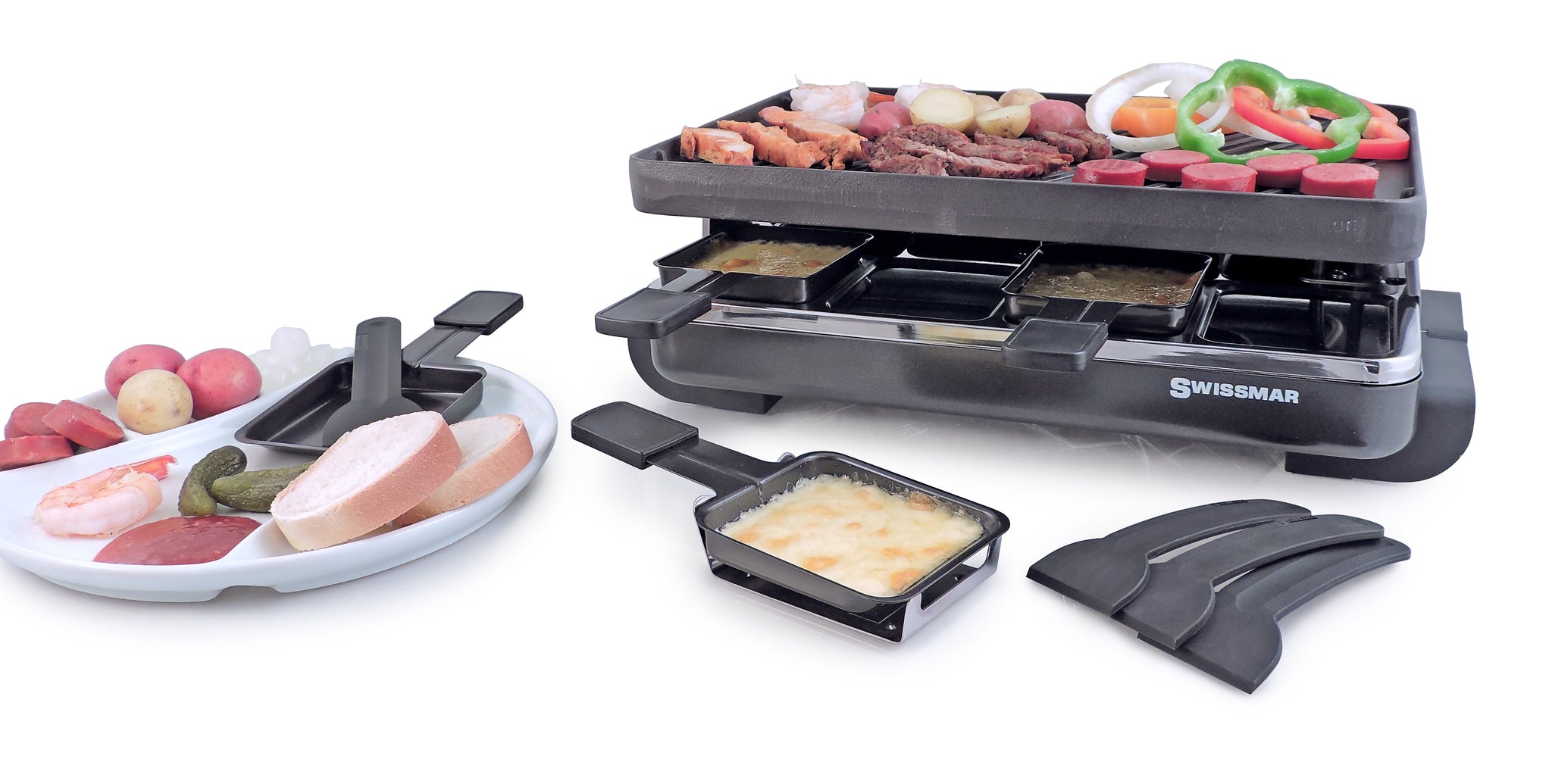 Swissmar Black Anthracite Raclette Party Grill with Reversible Cast Iron Grill Plate