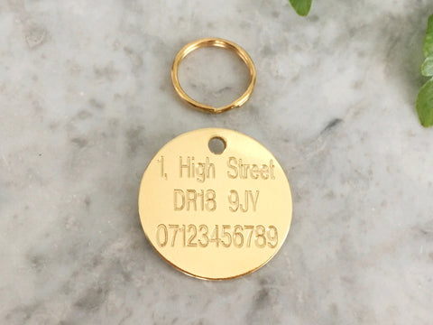 Luxury brass cat ID tag engraved with address and contact details