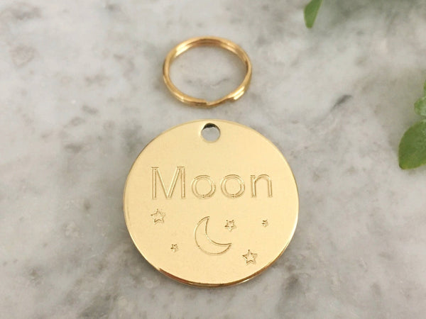 Unique moon and stars cat ID tag in solid brass, engraved in the UK