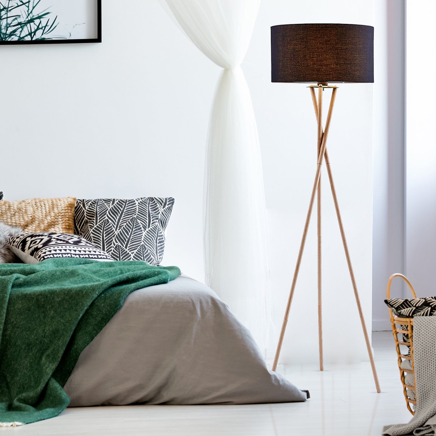 Black floor lamp in bedroom