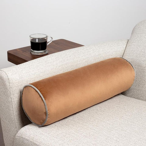 Velvet Bolster Cushion in Tan Brown with Grey Piping