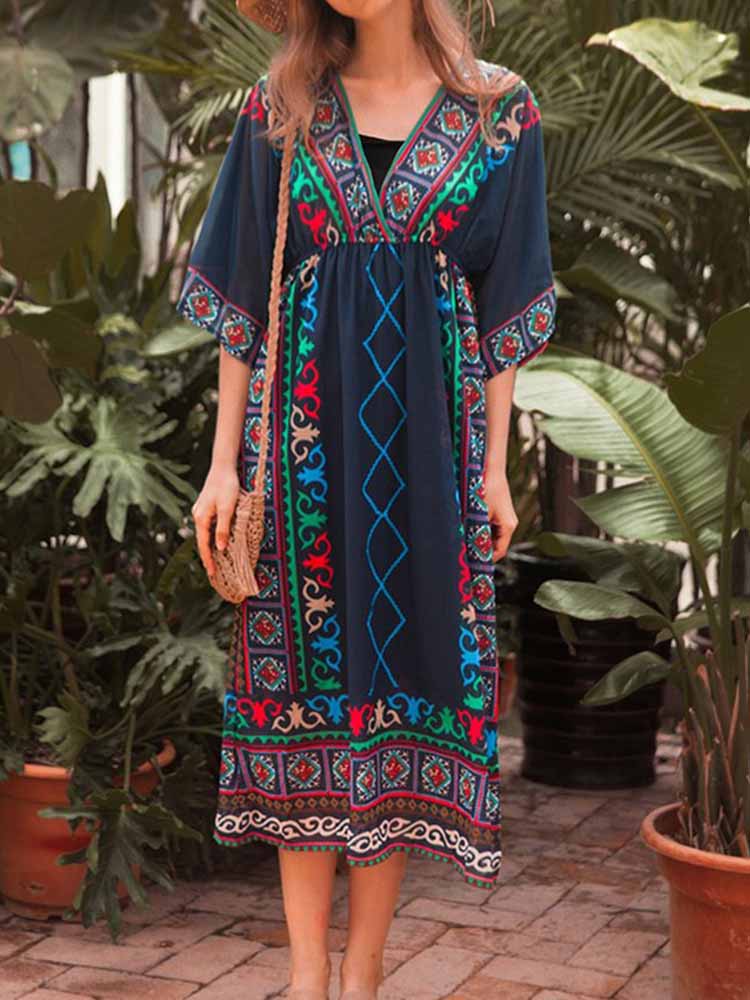 Ethnic Print Loose Flare Shoulder Midi Dress – Findalls