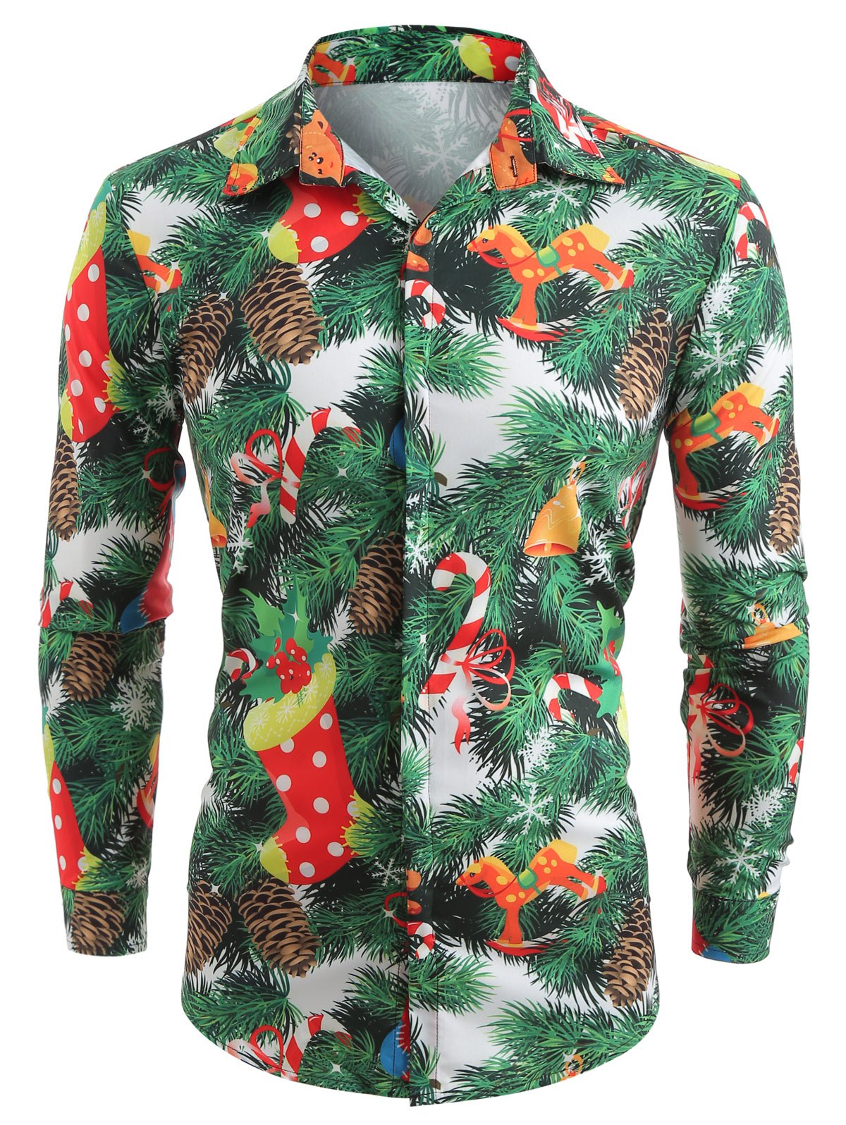 Christmas Theme Print Hidden Button Shirt | bestdress1.com
