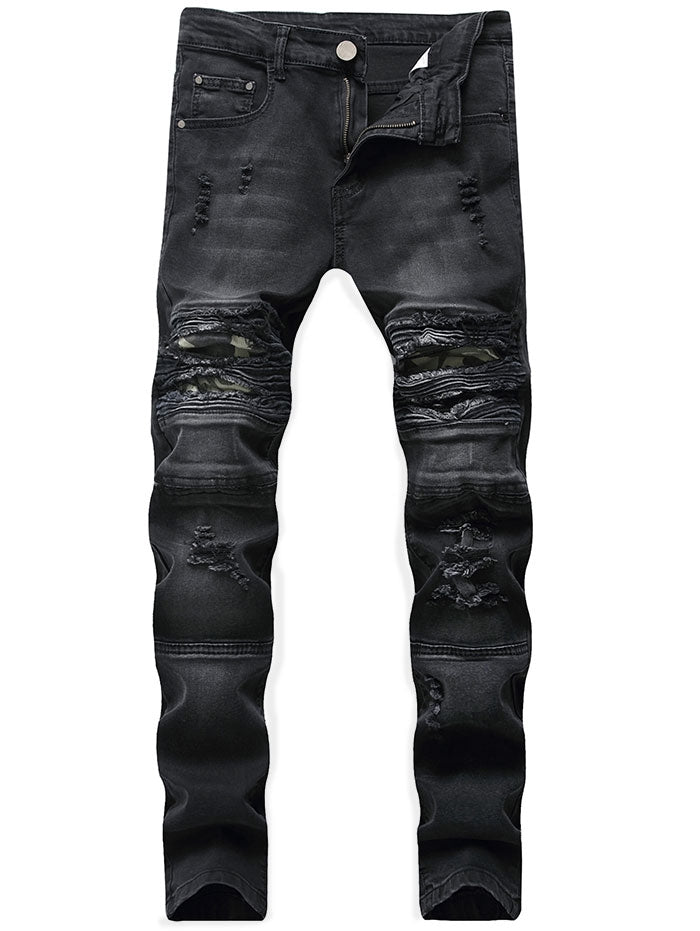 Ripped Camo Panel Faded Wash Biker Jeans | bestdress1.com