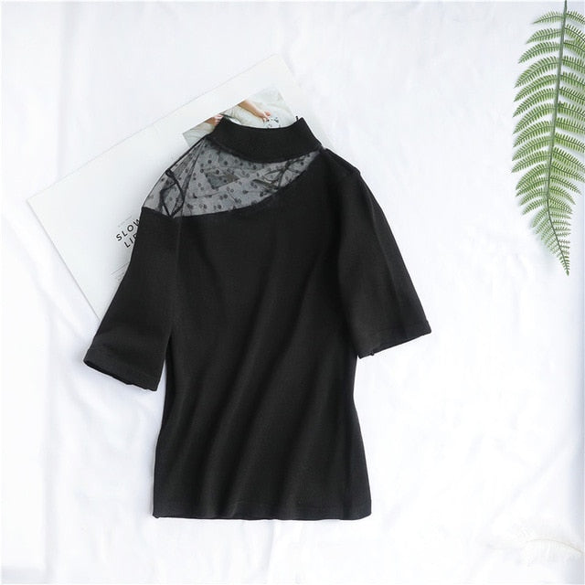 Patchwork mesh knit turtleneck T-shirt | bestdress1.com