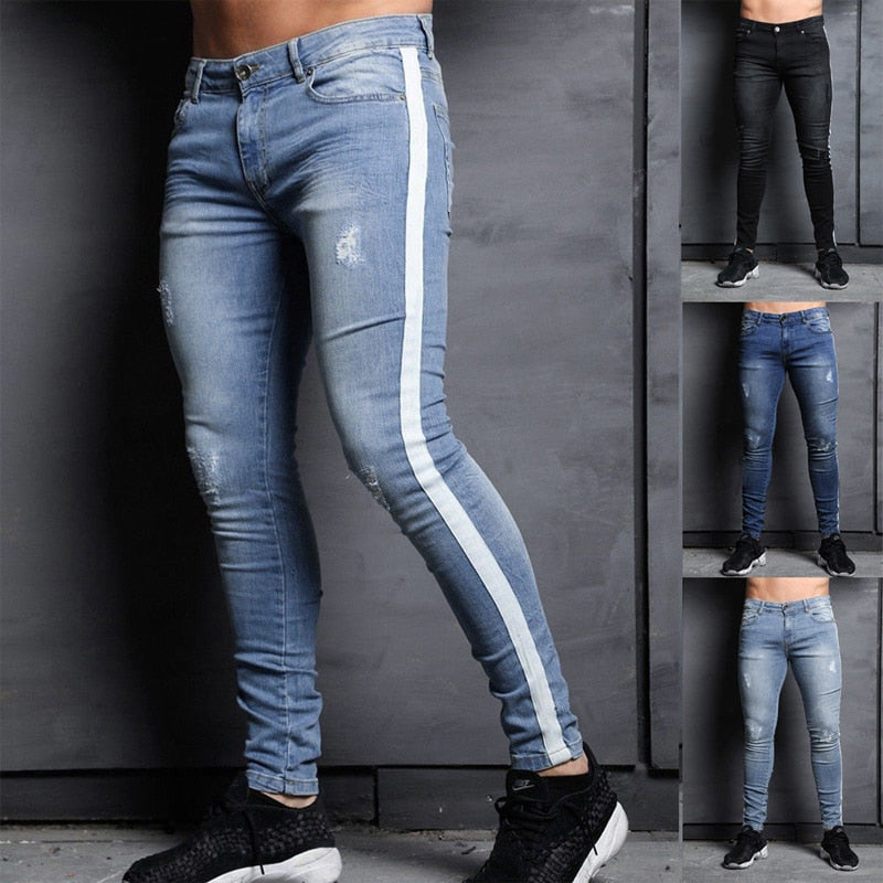 Men's tight-fitting casual stretch side stripe pencil pants ...