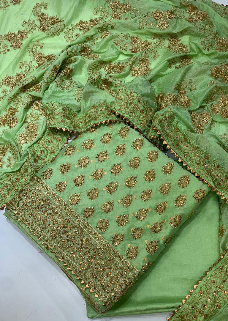 OP3810 Green Unstitched Silk Suit - Memsaab Online