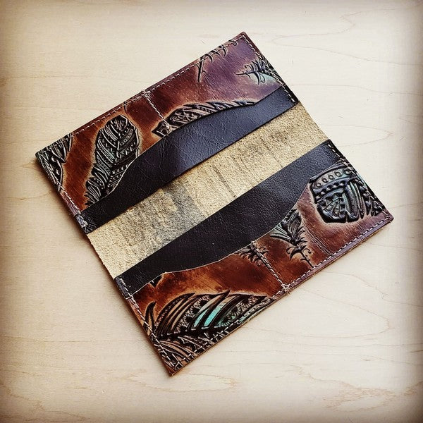 Tooled & Painted Leather Wallet with Turquoise – The Feathered Filly