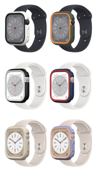 さまざまな色のApple Watchケースを装着したApple Watchが６つ並んでいる