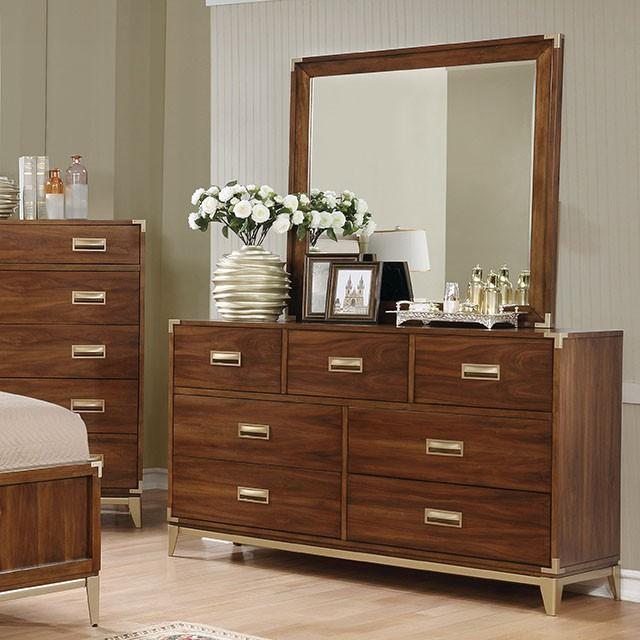 Anetta Transitional Corner Metal Accent 7 Drawer Dresser Mirror