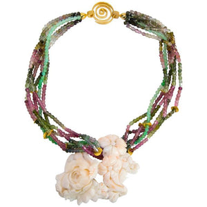 Multi Strand Tourmaline Jade and Carved Coral Runway Pendant Necklace