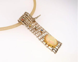 Vintage Opal Sapphire Sterling Silver Gold Pendant Necklace Estate Fine Jewelry