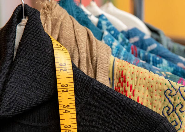 Ethically produced garments are hanging on a rack with a tape measure draped over the front garment