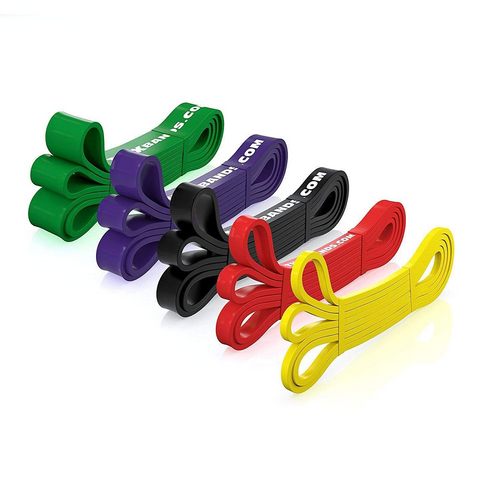Set of five multicolored resistance bands for fitness