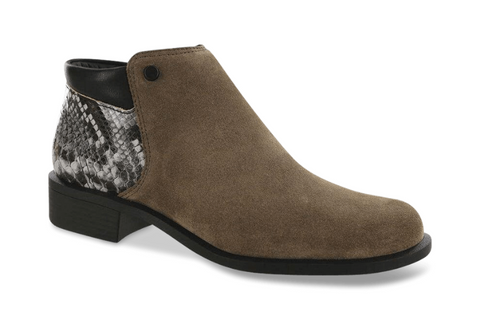 classic ankle boot with a low heel, suede upper, and simple detailing