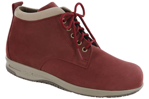 red, suede, and leather ankle boot with laces