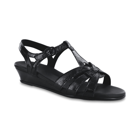 Close up of SASNola’s Aurora sandal heel in the color black