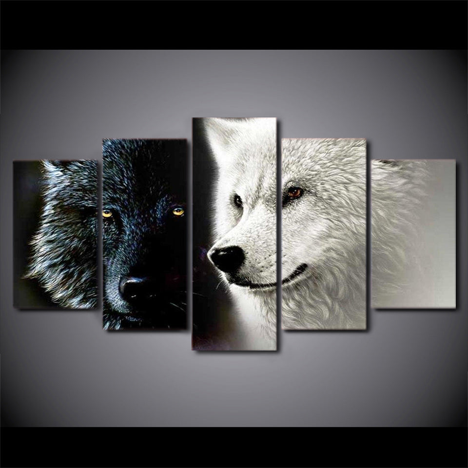 Abstract Black White Wolf Couple Canvas Hd Printed 5 Piece Wolf Canvas Art