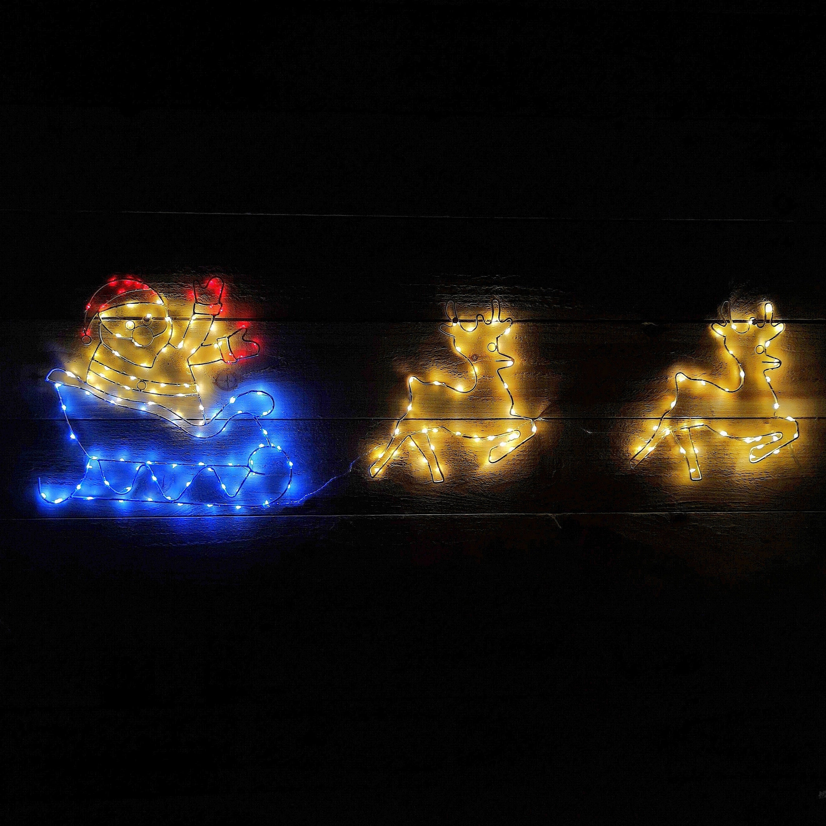Image of 1.2m Flashing Chasing Christmas Santa Sleigh and Reindeer with 190 Red White and Blue Pin Wire LED