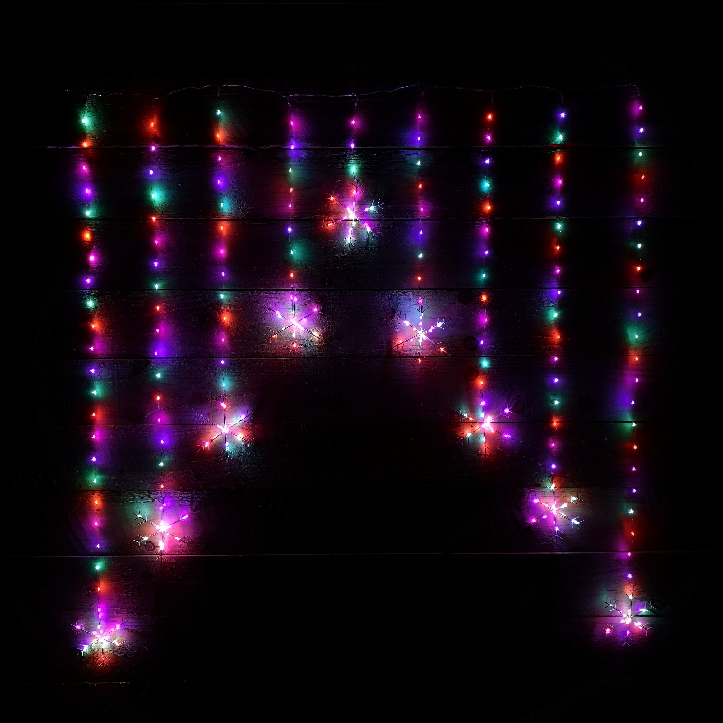 Image of 1.2m Premier Christmas Static Snowflake LED Silver Pin Wire V Curtain Lights in Rainbow