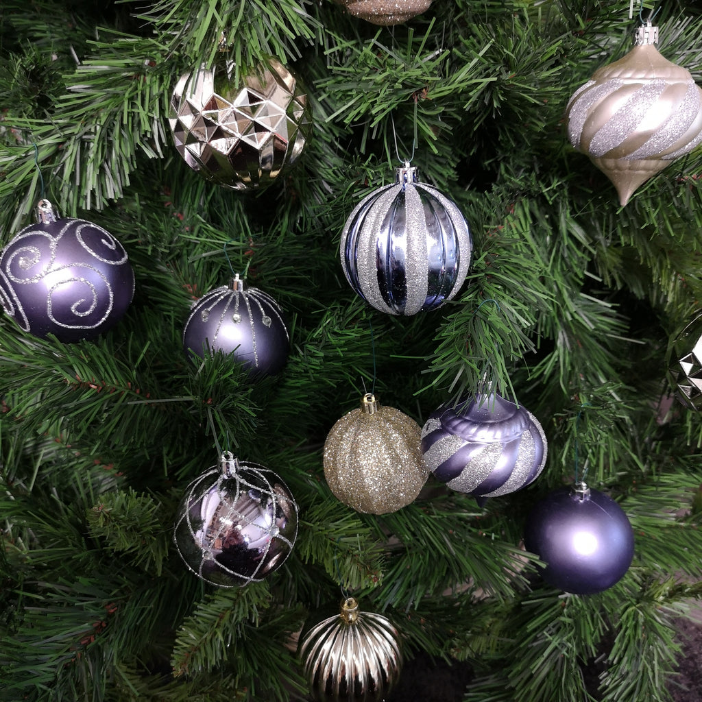 52pcs 6.5cm Assorted Shatterproof Baubles Christmas Decoration in Purple, Silver & Champagne Gold