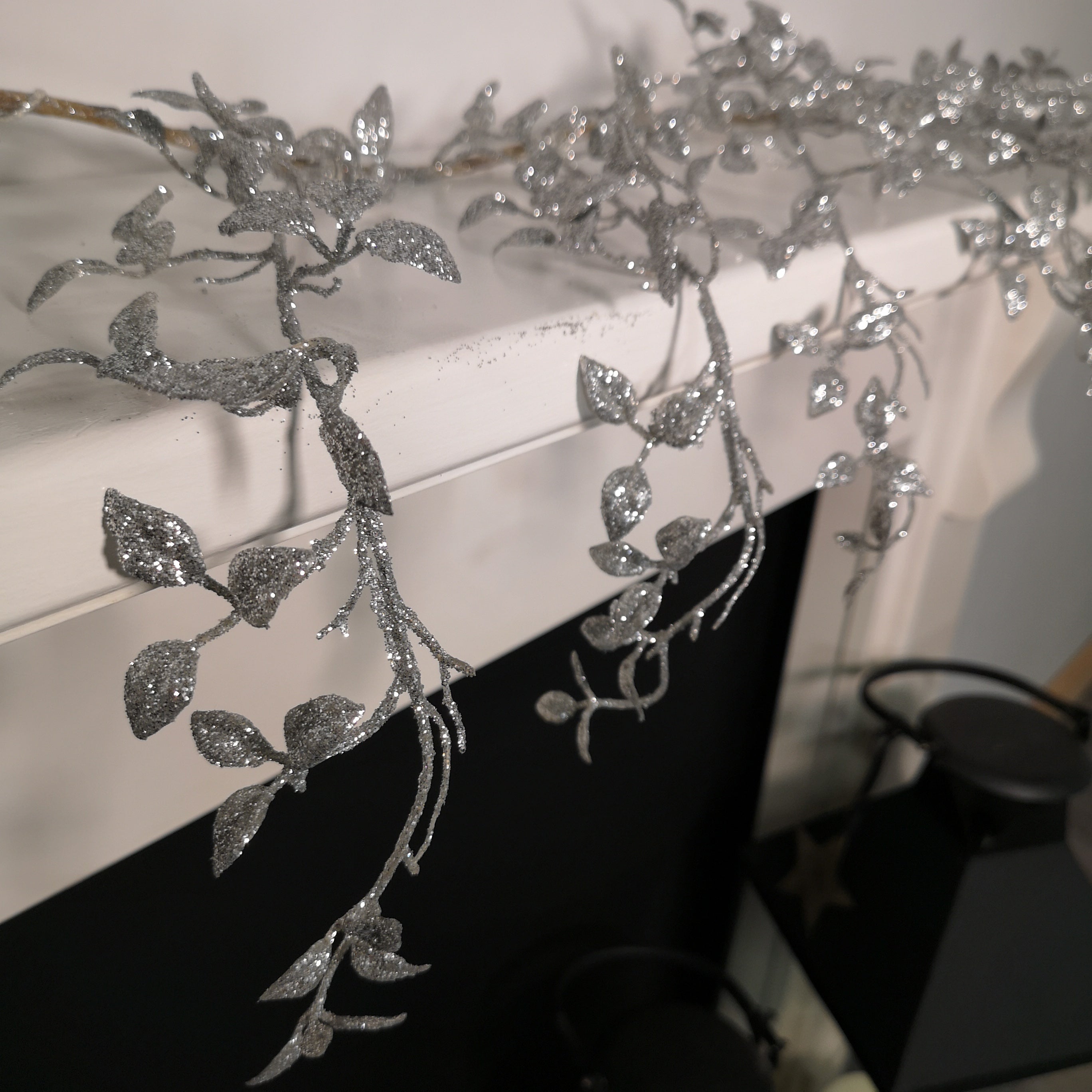 Image of 150cm Christmas Silver Glitter Leaf Garland with Hanging Loop