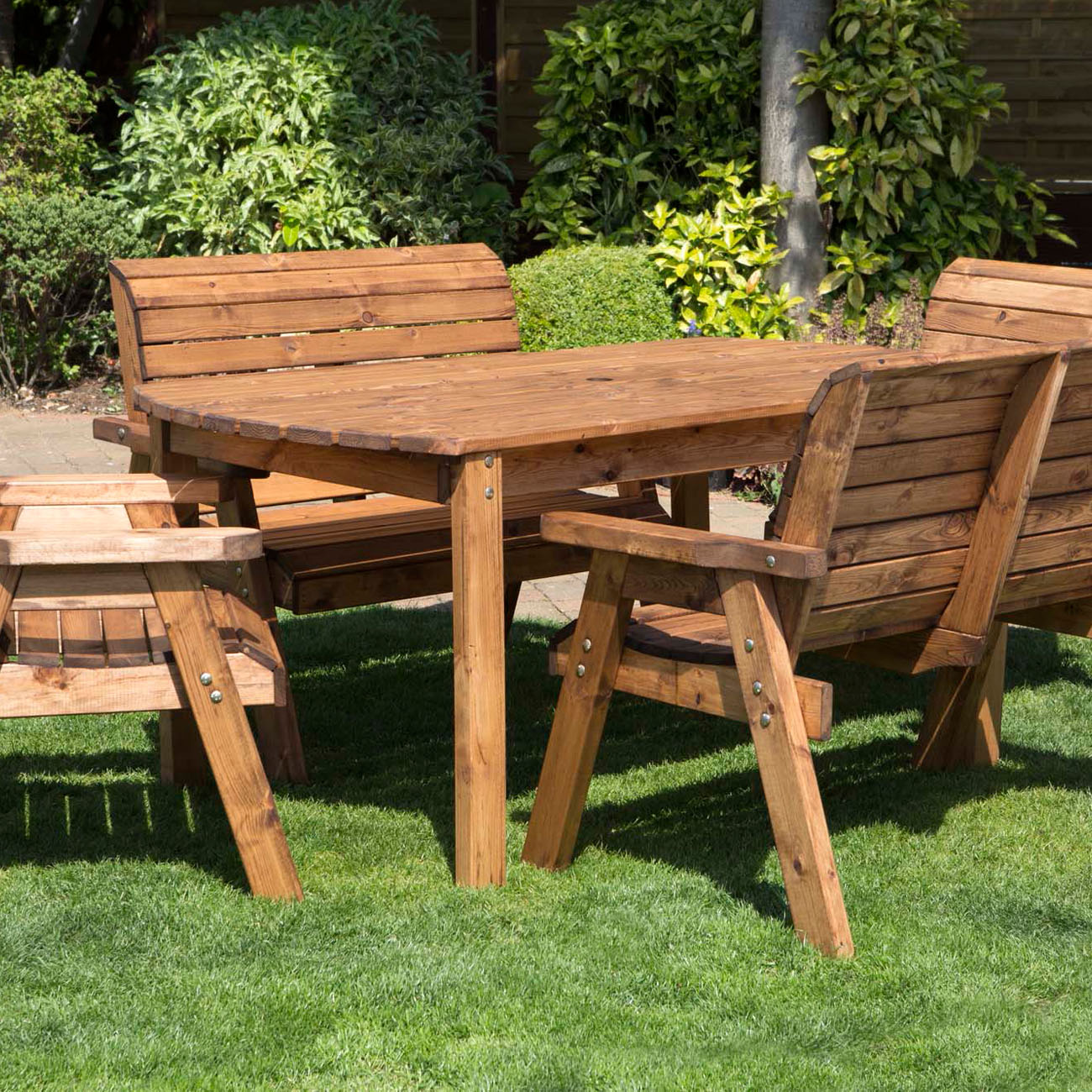 wooden garden table and two chairs