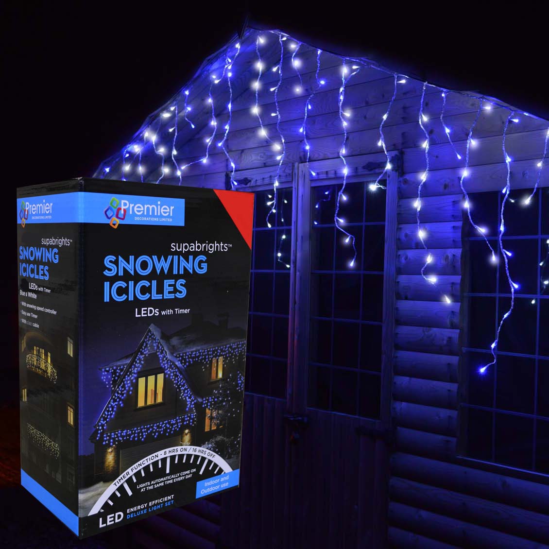 Image of 720 LED 17.8m Premier Snowing Iciclebrights Indoor Outdoor Multifunction Christmas Icicle Lights on Clear Cable with Timer in Blue & White