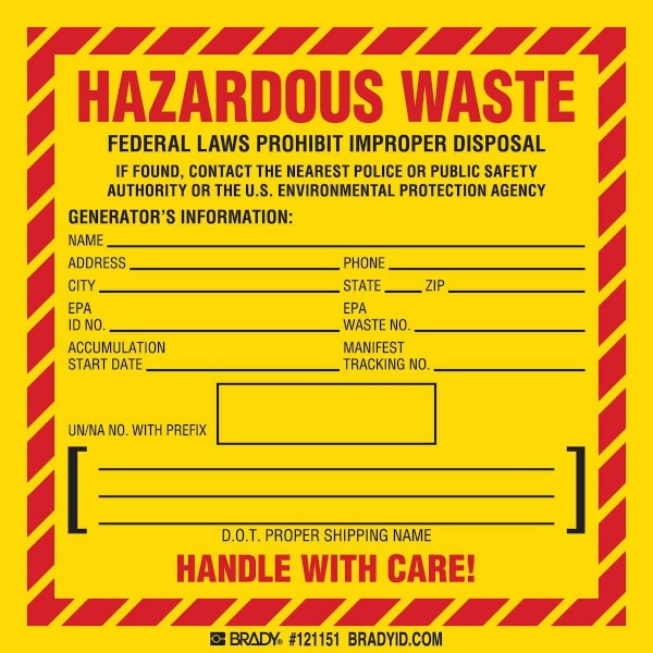 BRADY Brady 121151 Hazardous Waste/DOT Handling Label/Placard Type Waste, 6 In. W, PK100, English