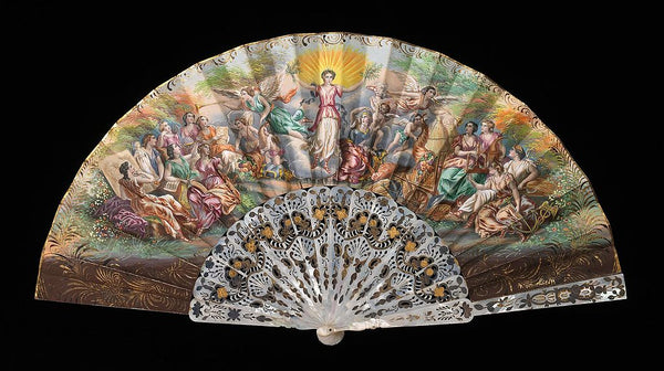 A European Victorian era folding hand fan, depicting angels and people, courtesy of WikiMedia Commons.