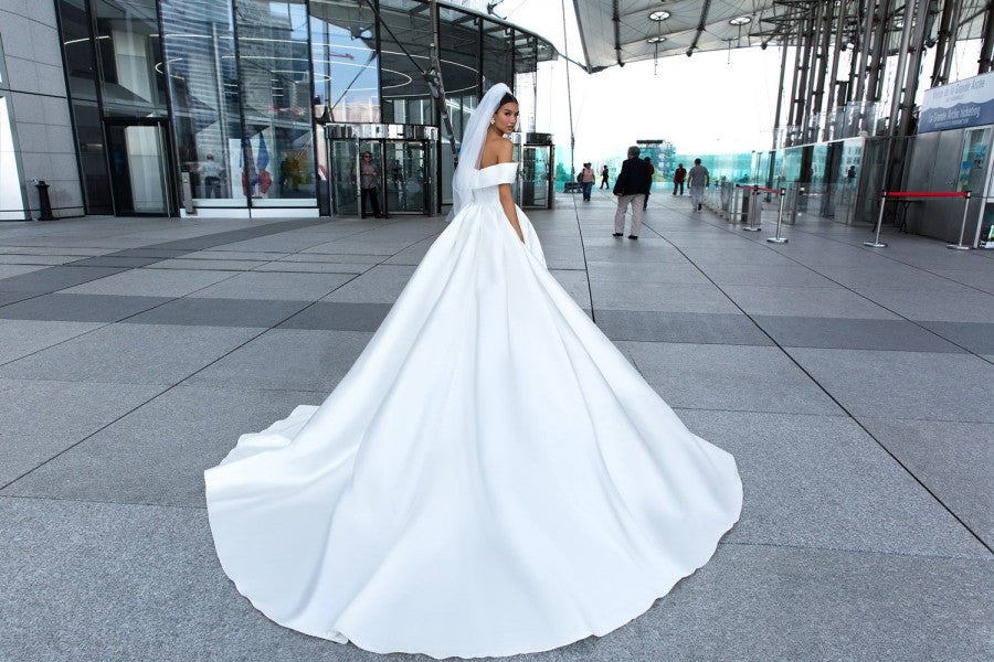 2019 White Satin Wedding Dress with Off-the-shoulder – loveangeldress