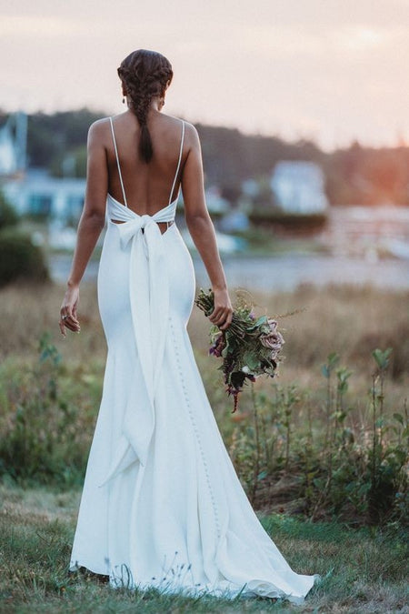 2021 Simple Boho Wedding Dress With Tied Back 8134