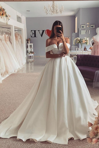 2022 Satin Wedding Dress with Off-the-shoulder Sleeves – loveangeldress
