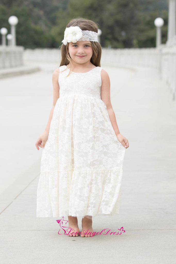 Scoop Neck Ankle Length Ivory Lace Baby Girl Dresses with Flower Belt ...