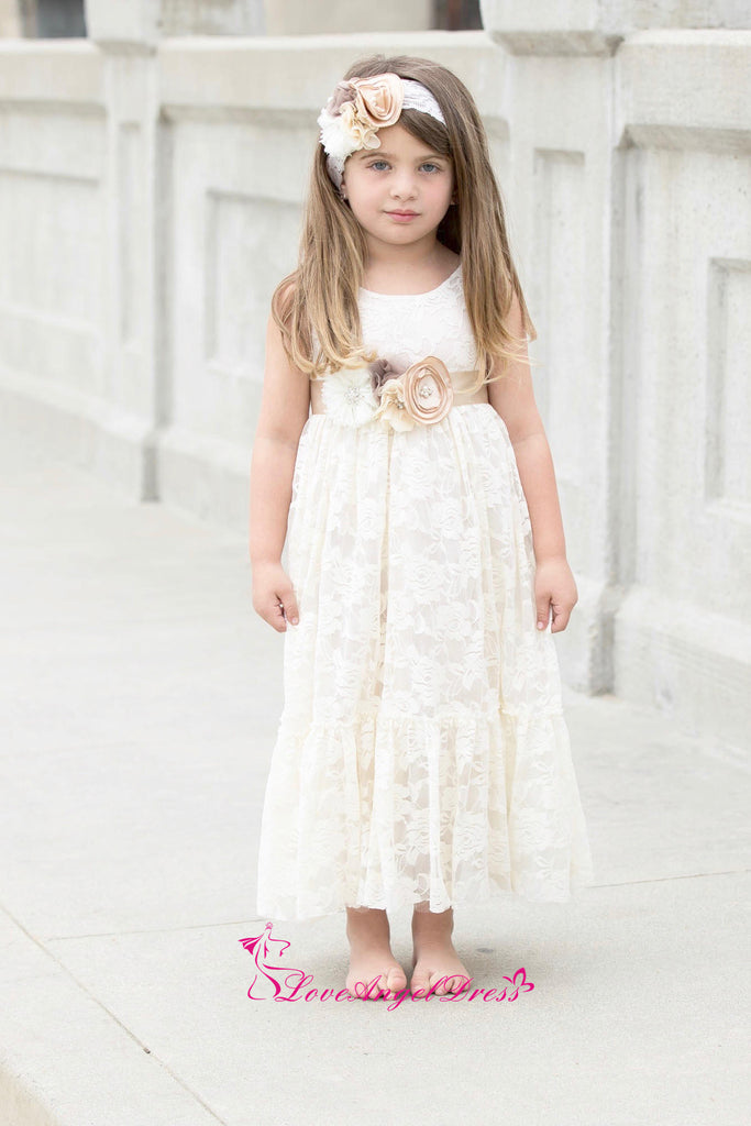 Scoop Neck Ankle Length Ivory Lace Baby Girl Dresses with Flower Belt ...