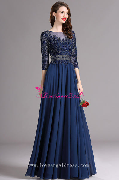 A-line Blue Chiffon Dazzling Beaded Mother Wedding Guest Dresses with ...