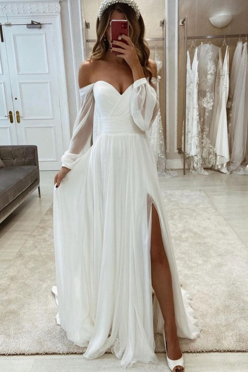 A-line Beach Wedding Gown with Sheer Long Sleeves – loveangeldress