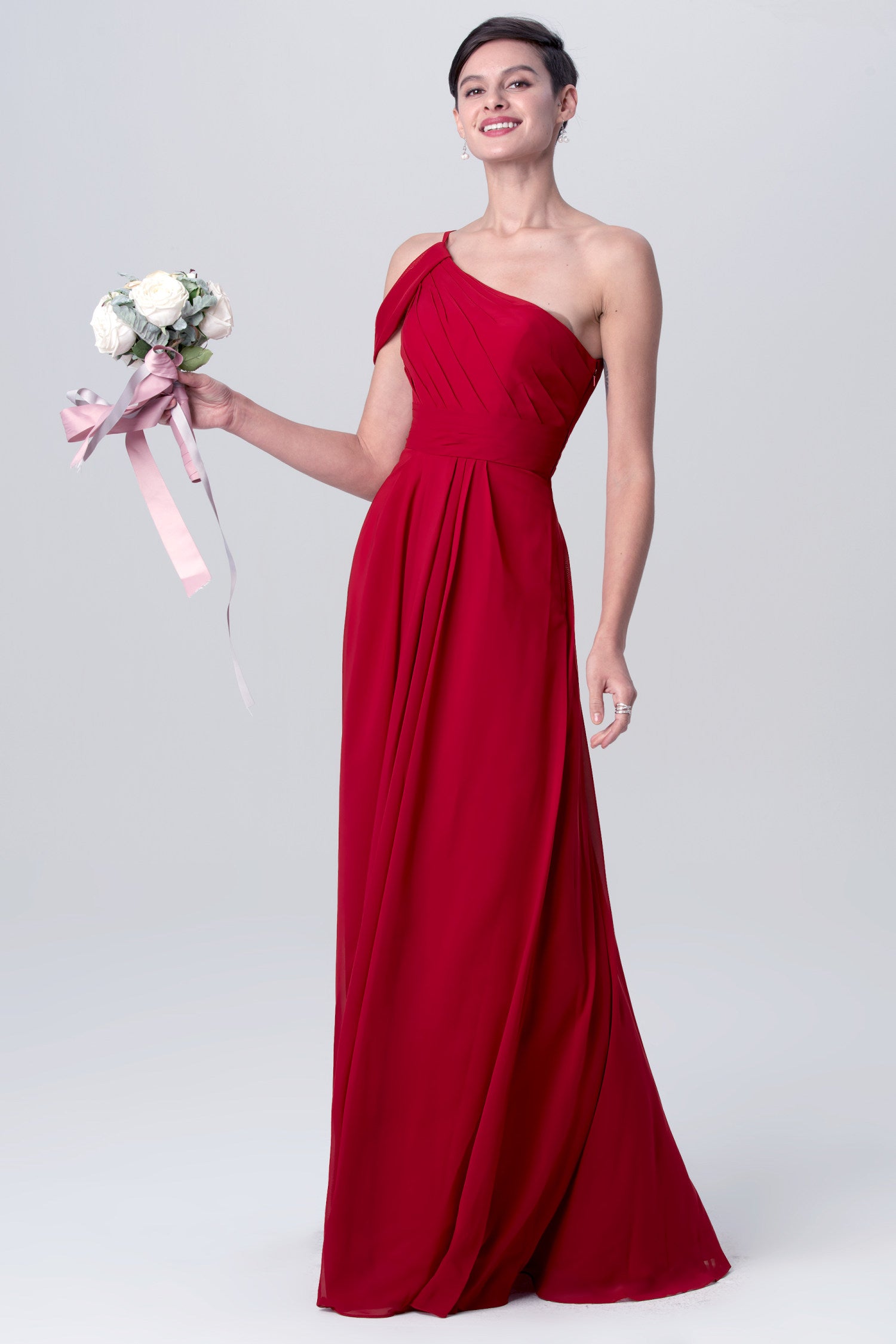 A-line Chiffon Red One Shoulder Bridesmaid Dresses Long – loveangeldress