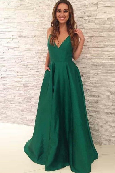 A-line Satin Green Formal Evening Gown with Pockets – loveangeldress