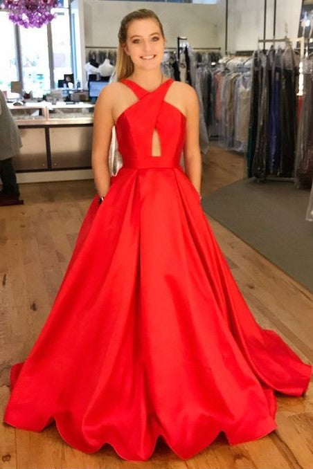 A-line Satin Long Red Prom Dresses with Pockets vestido de formatura ...