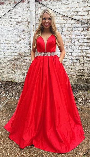 A-line Satin Plunging Neck Red Prom Long Dress with Rhinestones Belt ...