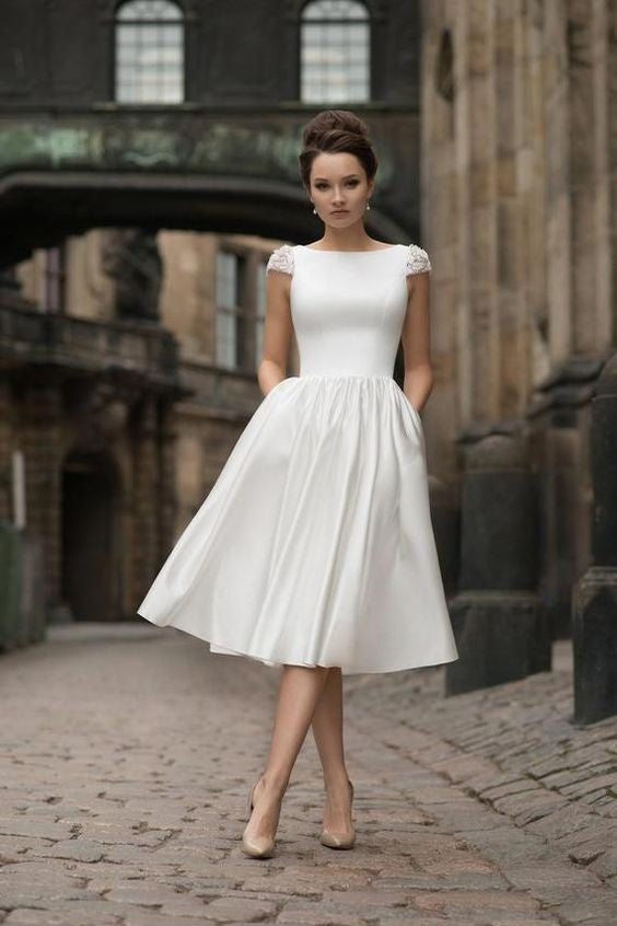 A-line Satin Short Wedding Dress with Beaded Cap Sleeves – loveangeldress
