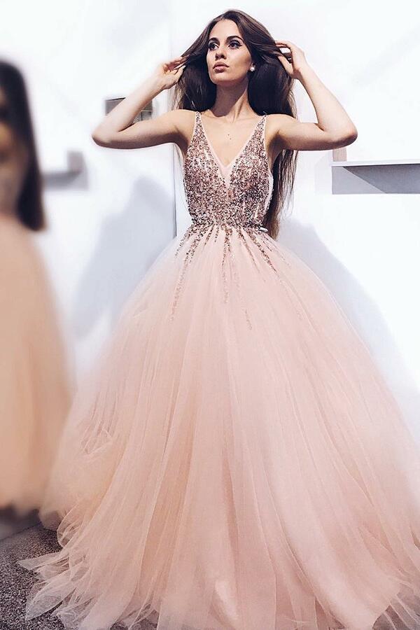 A Line Tulle Long Blush Prom Dresses With Beaded Sequins V Neck Bodice Loveangeldress 6712