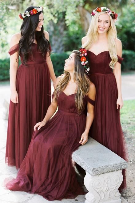 A-line Tulle Off-the-shoulder Wine Bridesmaid Dresses Long – loveangeldress